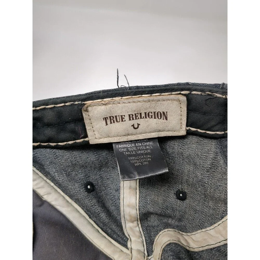 Vintage True Religion Denim Baseball Cap Leather Strap Hat Blue Patch‎ Logo Y2K